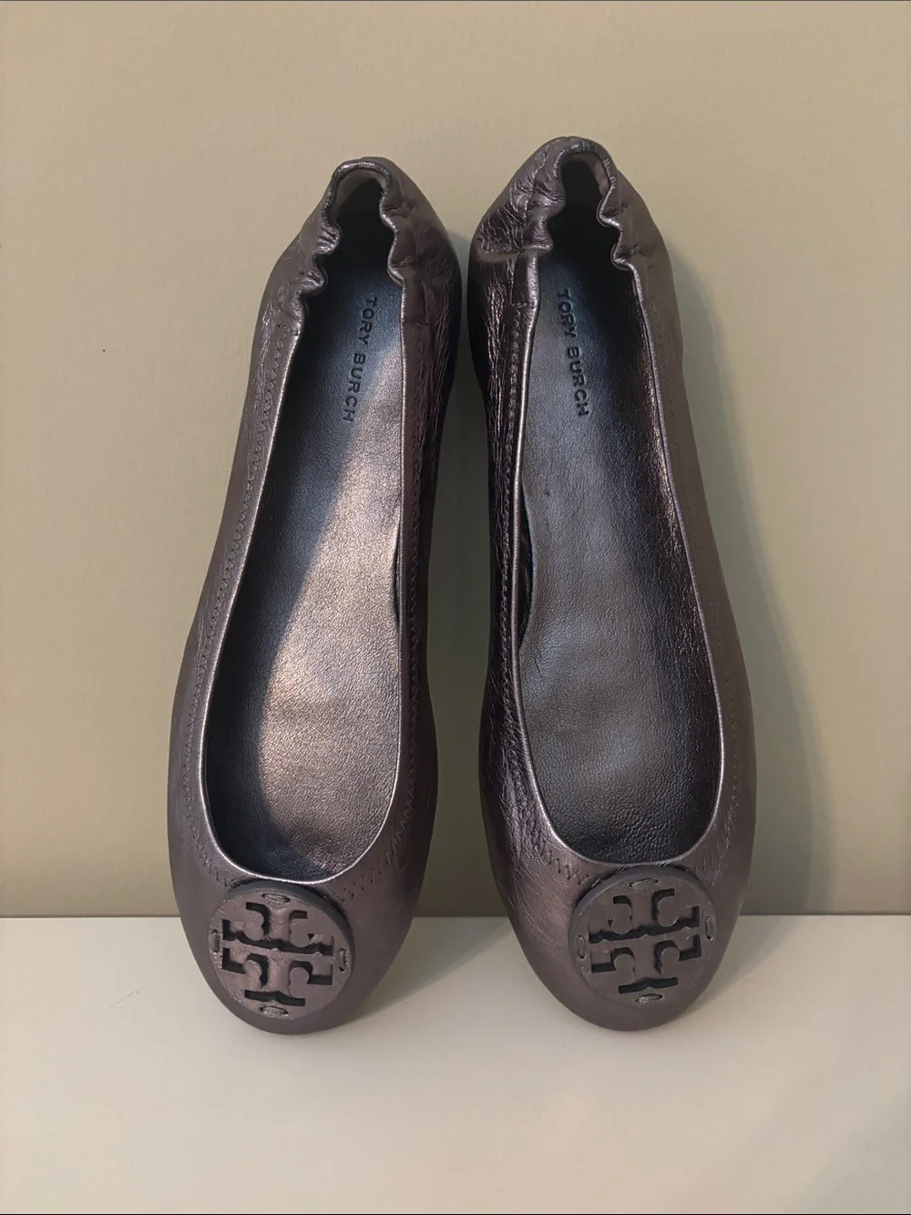 Tory Burch Minnie Travel Ballet Flats Gunmetal Metallic Pewter